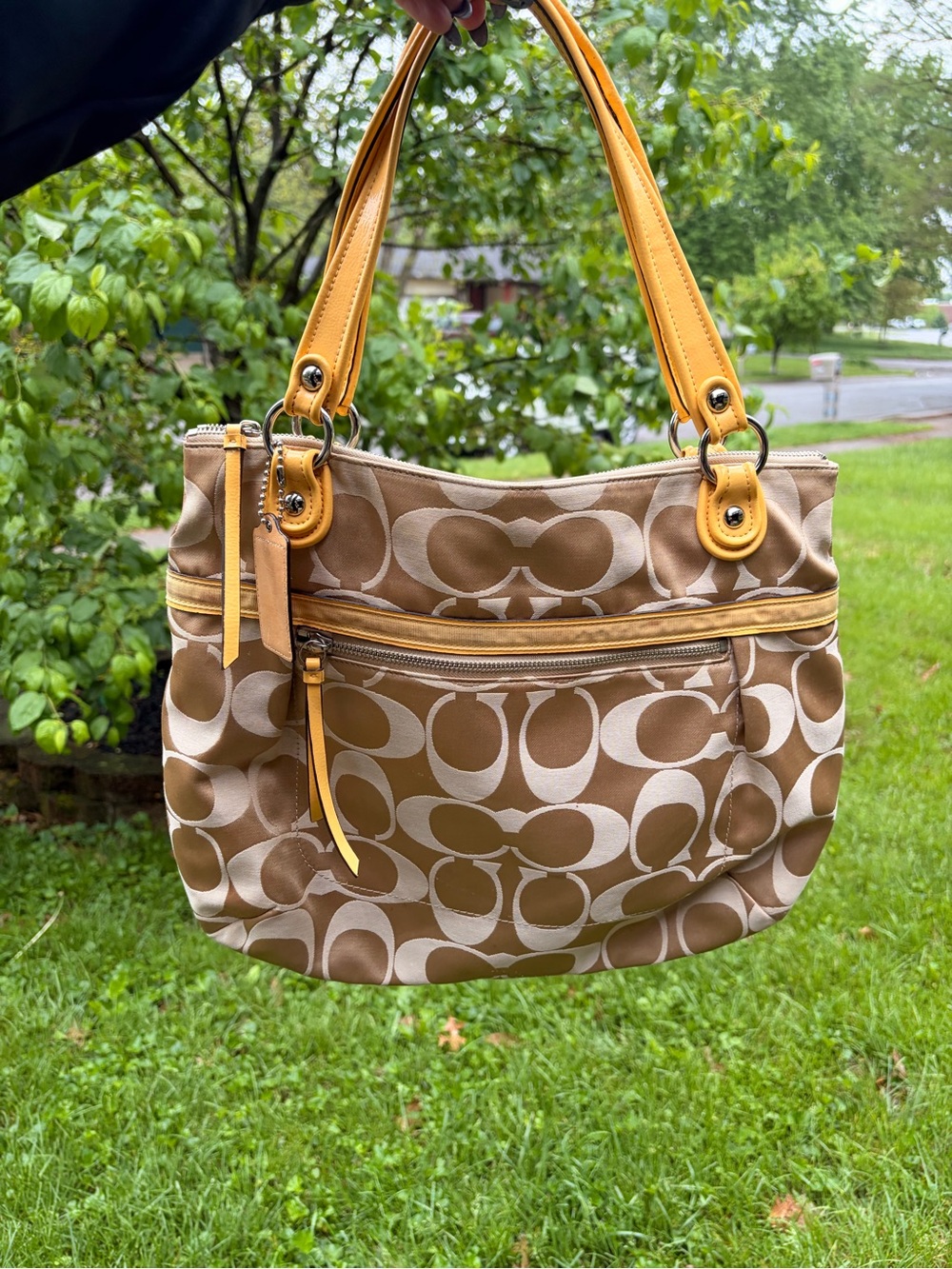 Coach Tan Signature Tote with Yellow Leather Trim